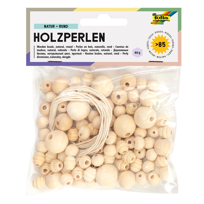 FOLIA Holzperlen rund inkl. 2 Schnüre 85 Teile natur