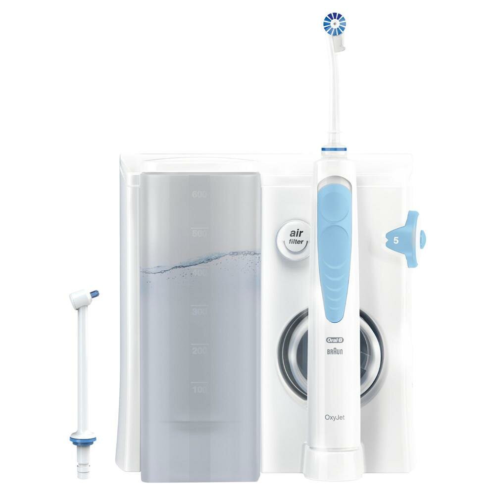 Oral-B Munddusche Oxyjet (Oxyjet-Technologie, 5 Wasserdruck-Stufen, 4 Wasserstrahle, perfekt für Zahnspangen und Implantate, Lieferumfang: 1 Munddusche, 1 Oxyjet-Düse, 1 Waterjet-Düse)