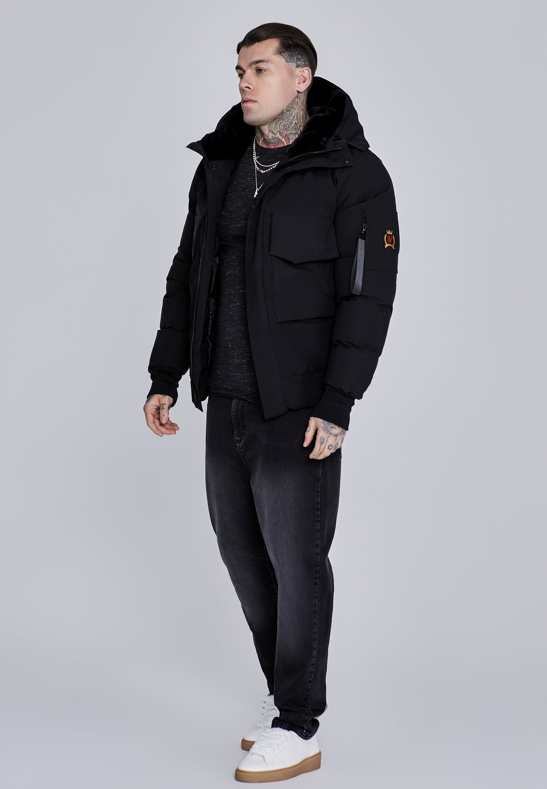 SikSilk Herren Schwarze Bomberjacke mit Kapuze S