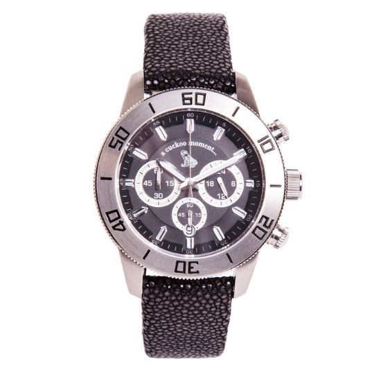 Chronograph Uhr aus silbernem Edelstahl und schwarzem Zifferblatt