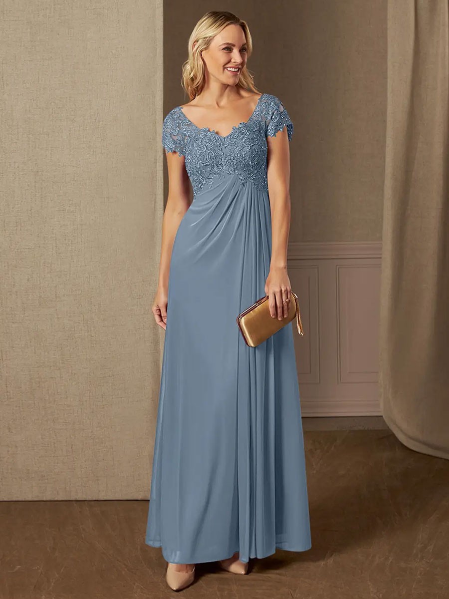 Partykleid für die Brautmutter V-Ausschnitt kurze Ärmel A-Linie Spitze Hochzeitsgast-Kleider