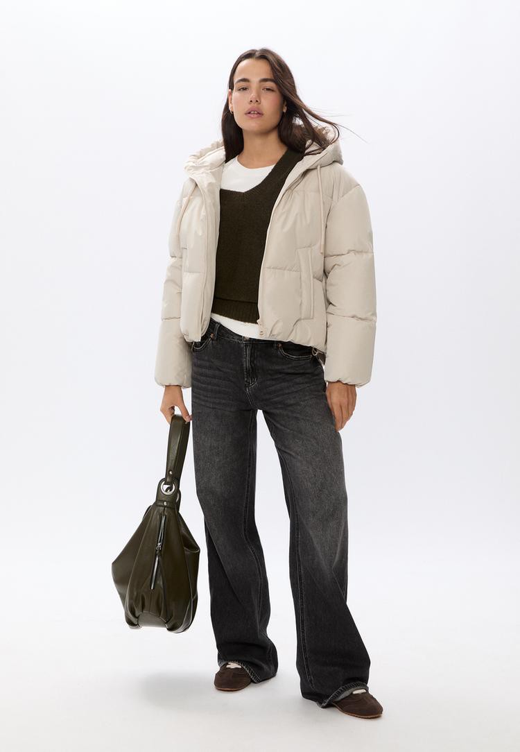 Stradivarius Gesteppte Oversize-Jacke Mit Kapuze Steingrau Xl
