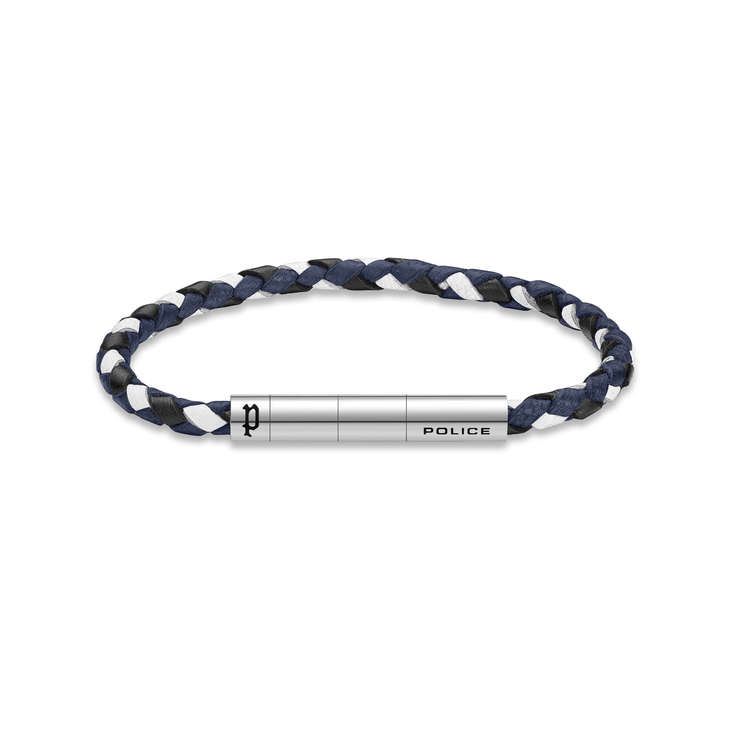 Police Herren Leder Armband Blau/Weiß/Schwarz Geflochten Lederarmband Herrenarmband Lederband Herren Schmuck