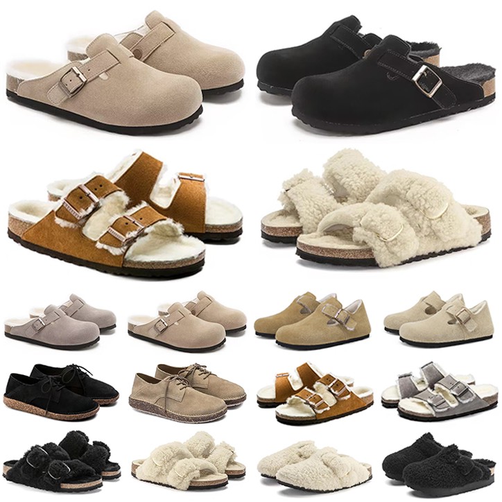 Designer Forn Sandales Sandales Clog Bottises éraflures Shearling Slides Black Sand Men Femmes Hiver Le cuir Slireurs duveteurs