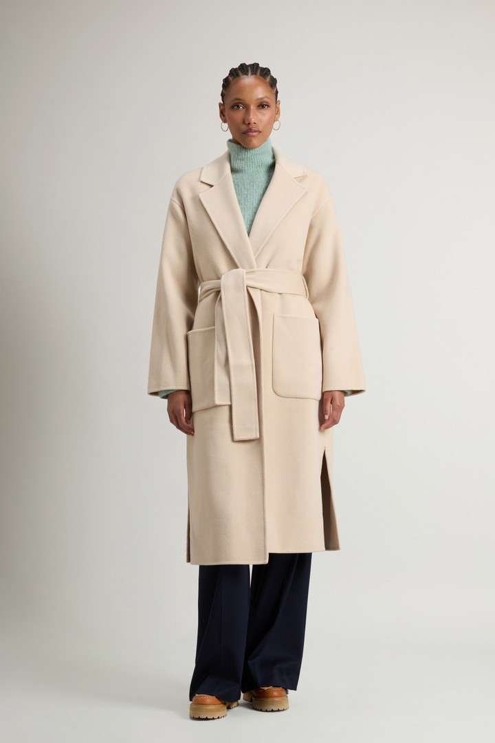 Woolrich Damen Langer Mantel aus reiner Schurwolle mit Gürtel Beige Größe XL