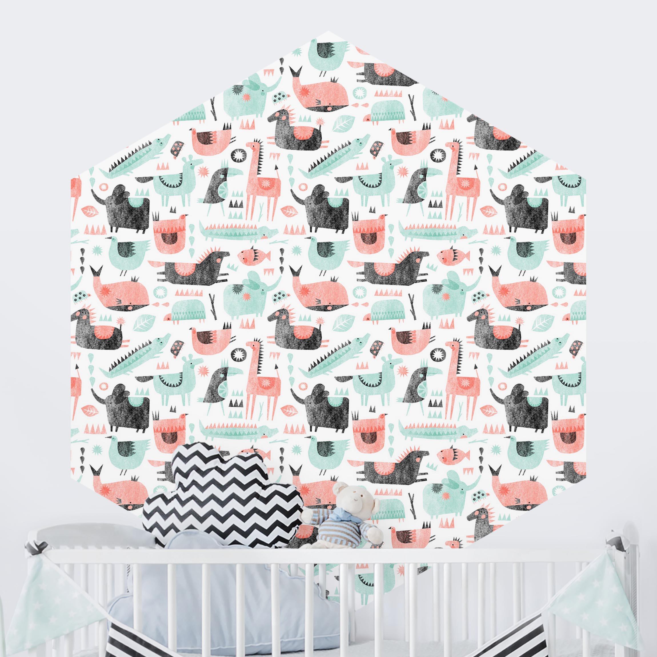 Hexagon Tapete selbstklebend Tierparty