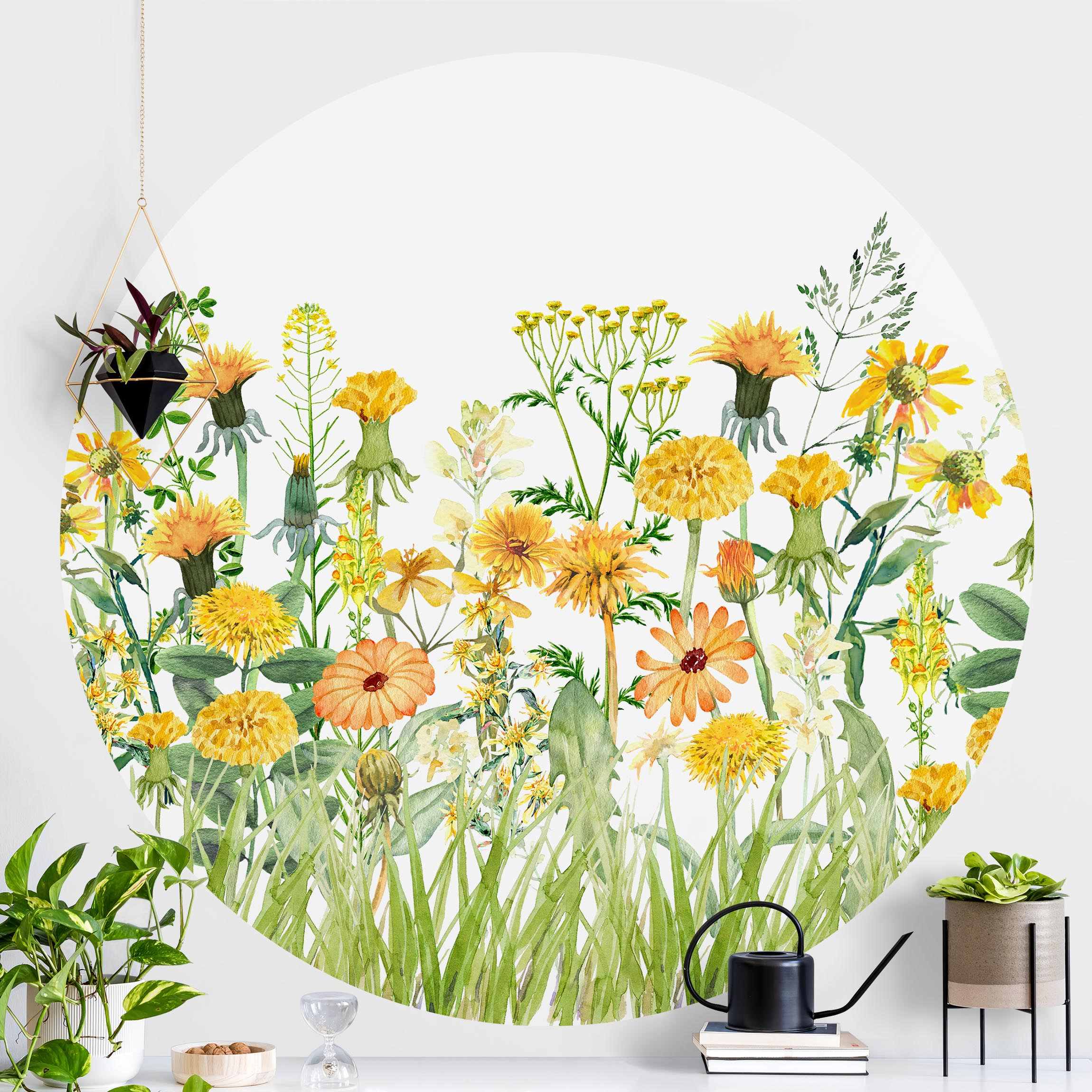 Runde Fototapete selbstklebend Aquarellierte Blumenwiese in Gelb