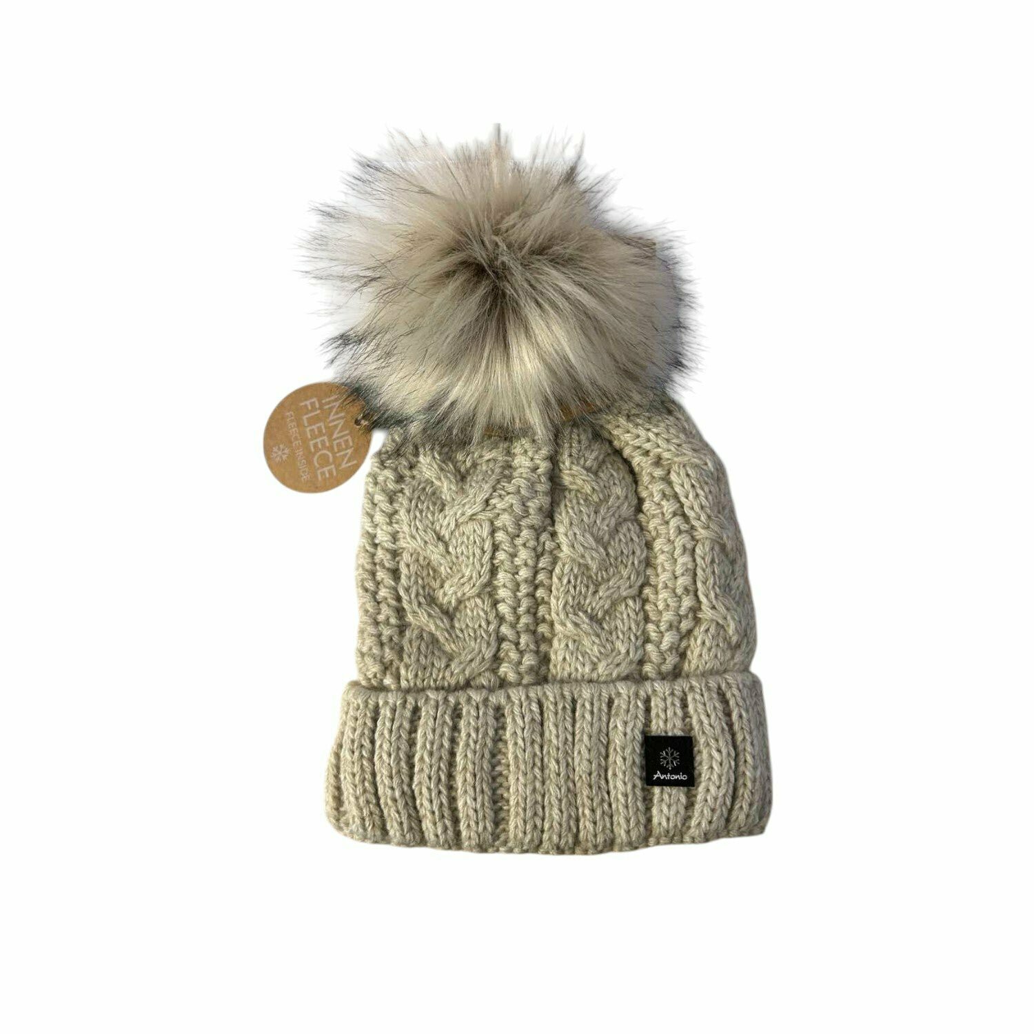 Strickmütze für Damen » gefütterte Wintermütze mit Fleece » Bommelmütze » Damenmütze mit Zopfmuster - Beige