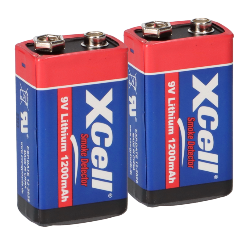 2x XCell Lithium 9V Block Hochleistungs- Batterien für Rauchmelder / Feuermelder - 10 Jahre Batterie Lebensdauer