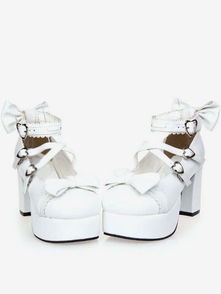 Chunky quadratische Fersen Lolita Schuh-Plattform-Knöchel-Bügel-Herz-geformte Schnallen-Bögen in Weiß