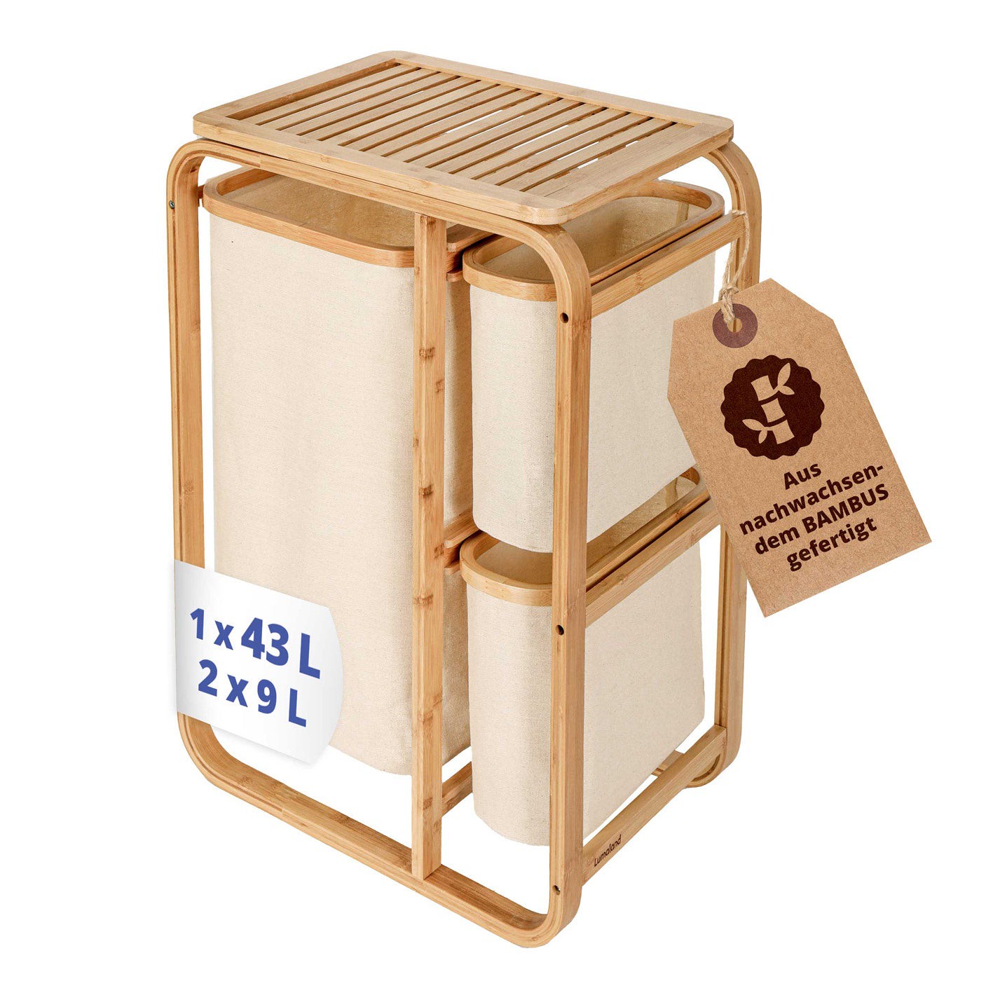 Bambus Wäschekorb - 1 XL Fach + 2 Kompaktfächer - 49,5 x 33 x 71 cm - Beige