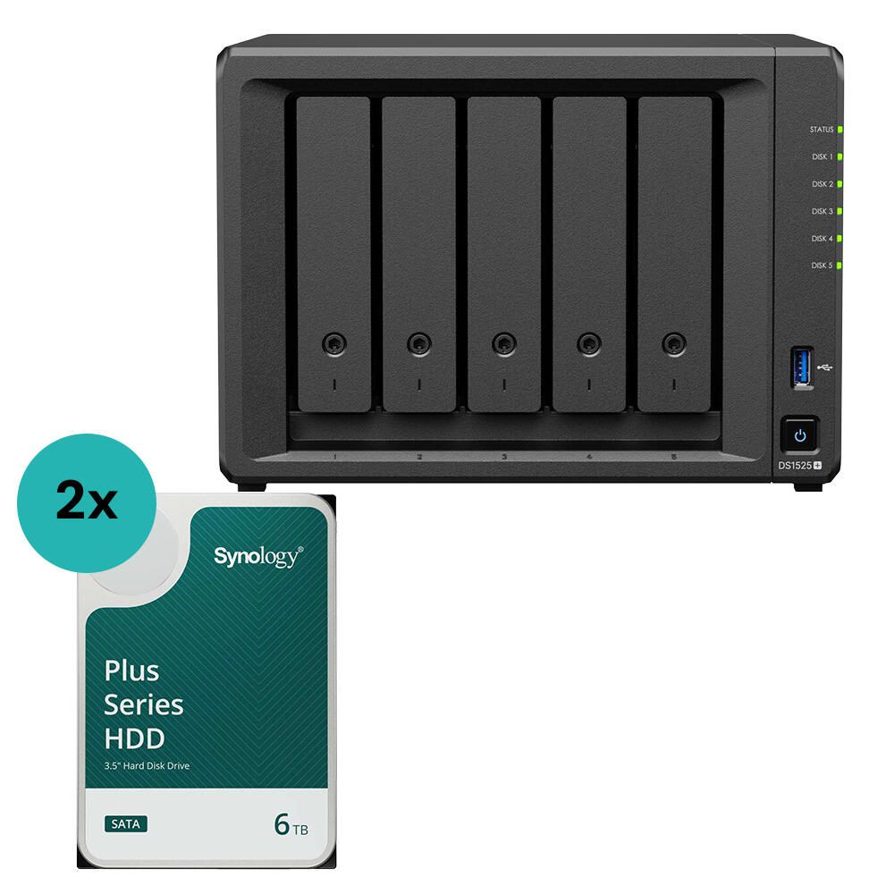 Synology DiskStation DS1525+ 5 Einschübe NAS-Server Leergehäuse (DS1525+) + 2x Synology Plus 3.5