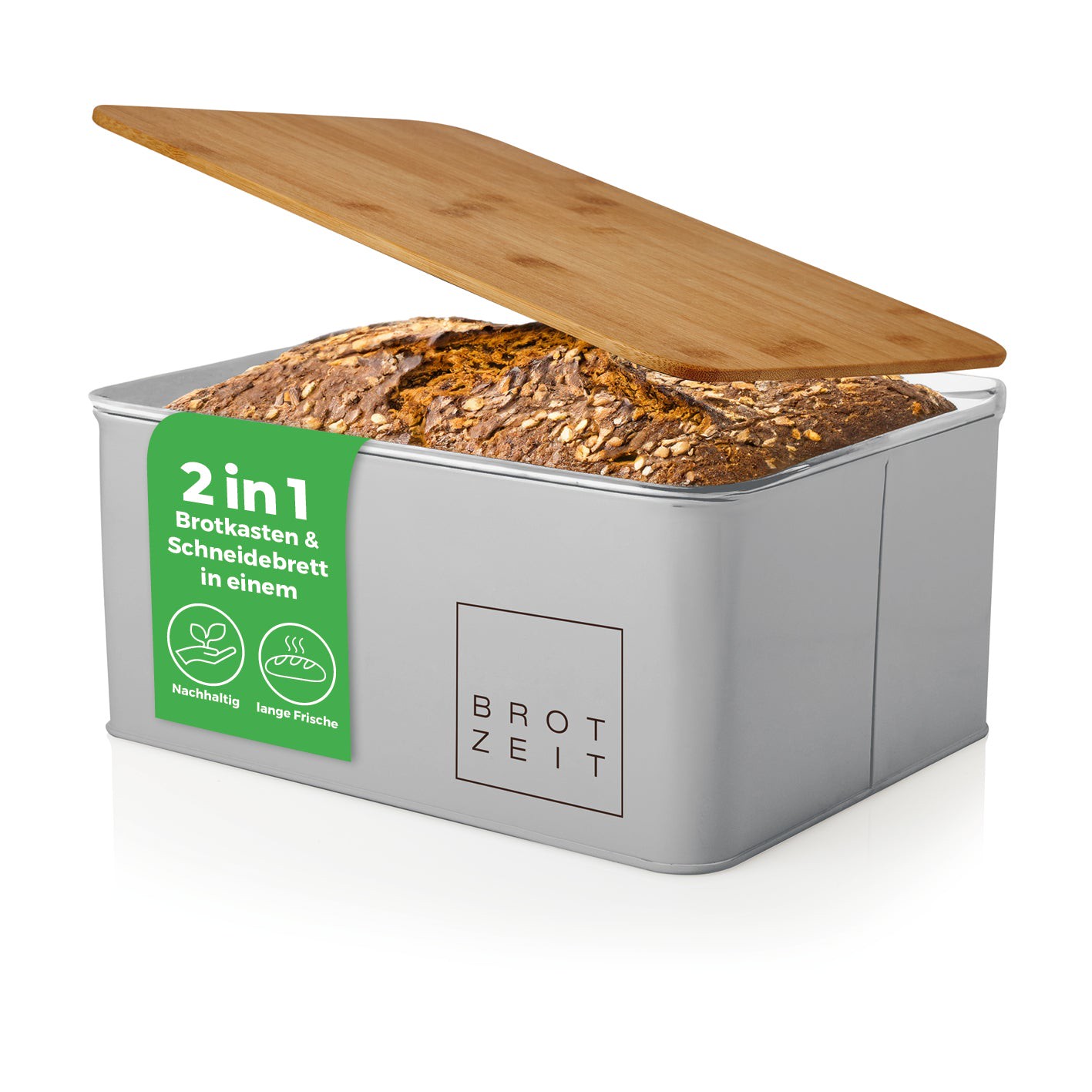 Cuisine Brotkasten aus Metall mit Bambus Deckel - Rechteckig 30,5 x 23,5 x 14 cm - Hellgrau