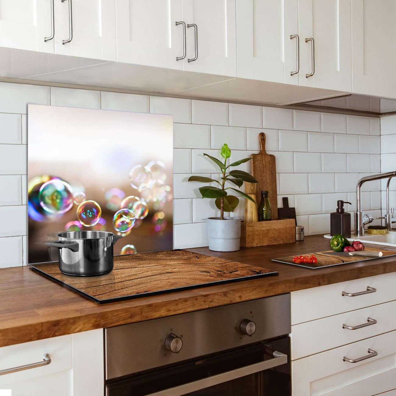Banjado Nischenrückwand 70x70cm Glas Küchenrückwand selbstklebend Spritzschutz Küche Herd ohne Bohren, Sicherheitsglas Motiv Seifenblasen