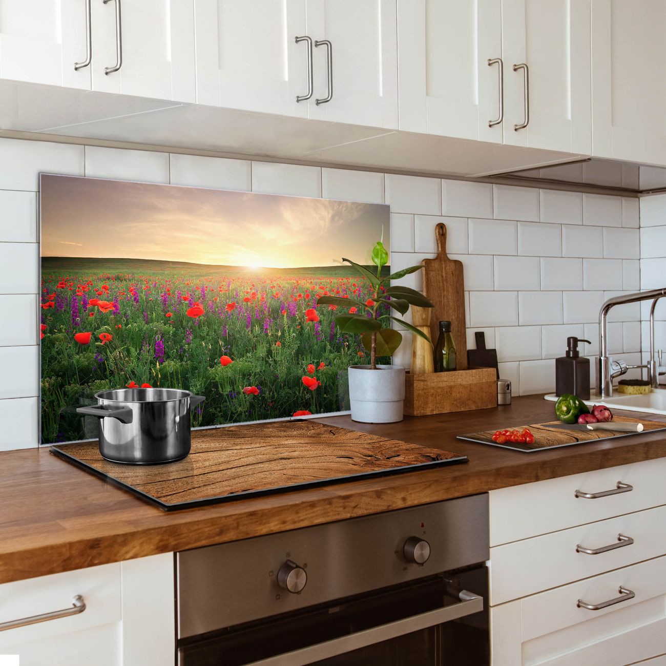 Banjado Küchenrückwand Glas 60x120cm selbstklebend ohne Bohren, Herd Spritzschutz Wand aus Echtglas ESG, magnetisch mit Motiv Sommerfeld