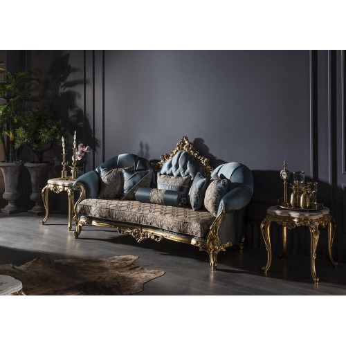 Wohnzimmer Set Blau Sofa 3 Sitzer Elegantes 2x Beistelltisch Design Neu 3tlg.