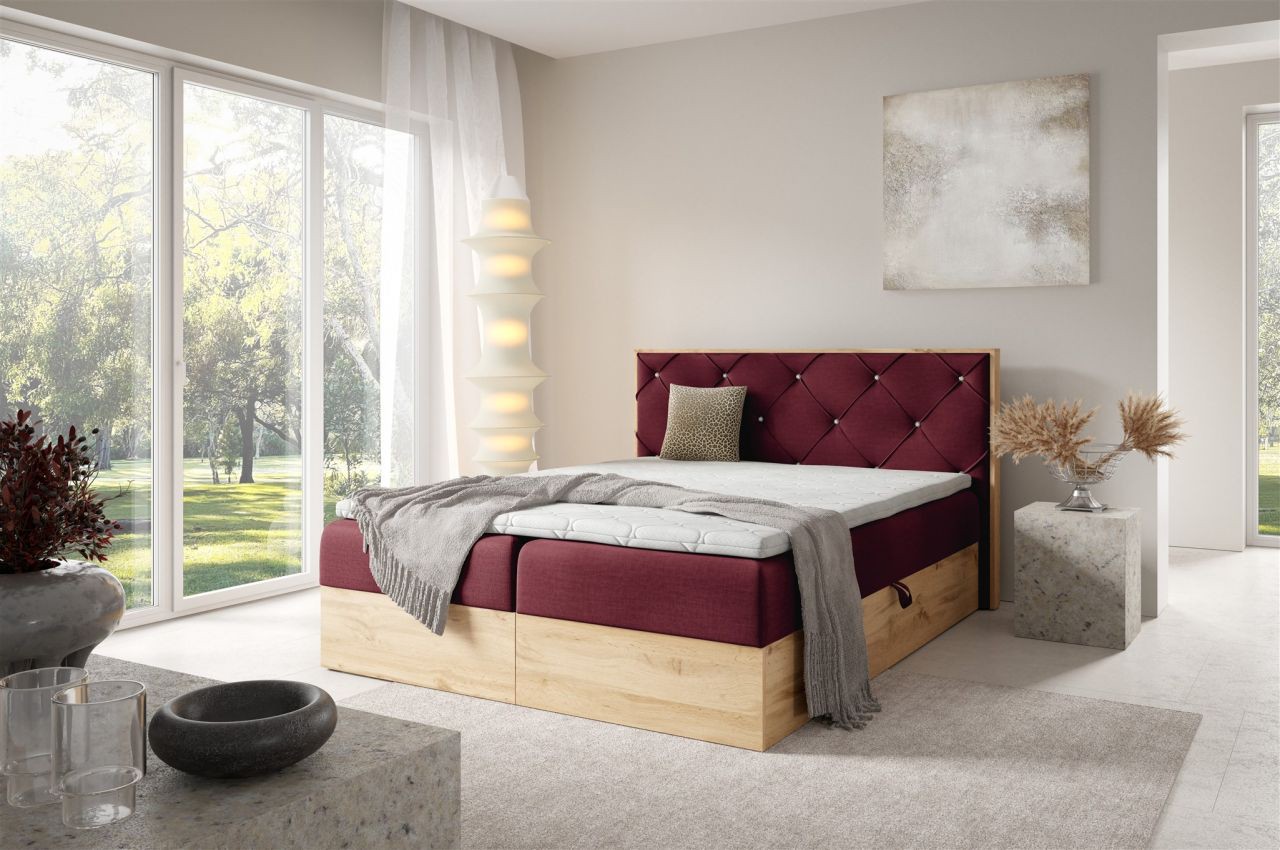 Boxspringbett Schlafzimmerbett HELIOS PREMIUM 180x200cm in Stoff Rouge Bordea...
