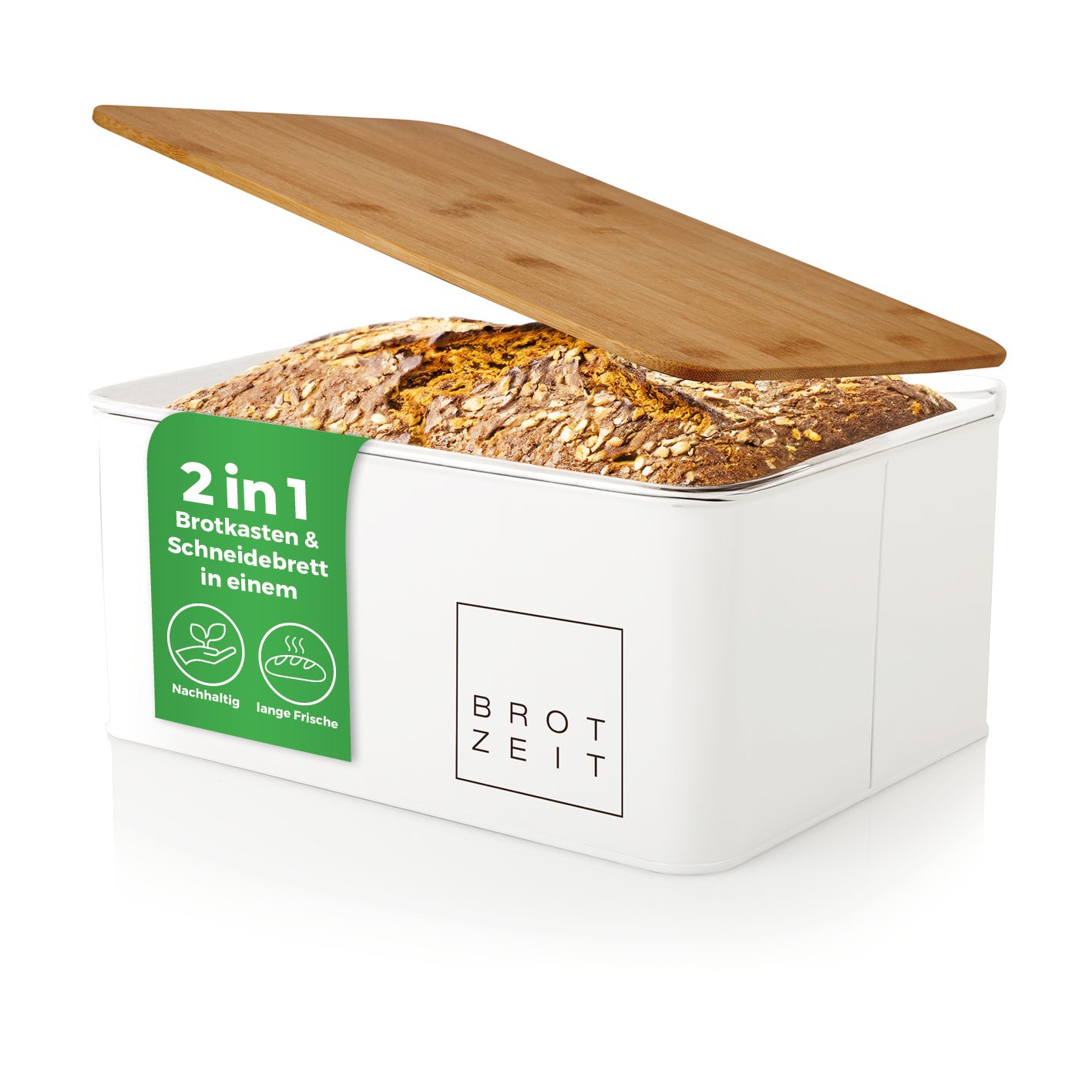 Cuisine Brotkasten aus Metall mit Bambus Deckel - Rechteckig 30,5 x 23,5 x 14 cm - Weiß