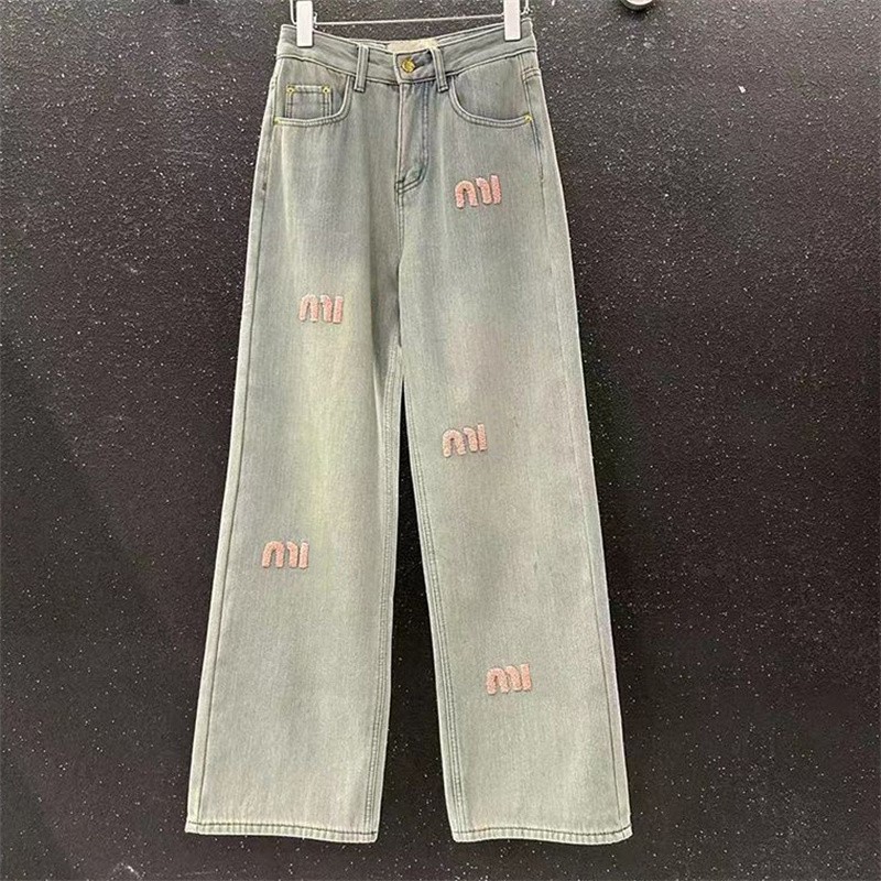 Luxury Loosed Pink Letter Girl Straight Leg Jeans Embroidery High Waisted Denim Pants For Women Designer M Boyfriend Jeans Long Wide Trousers