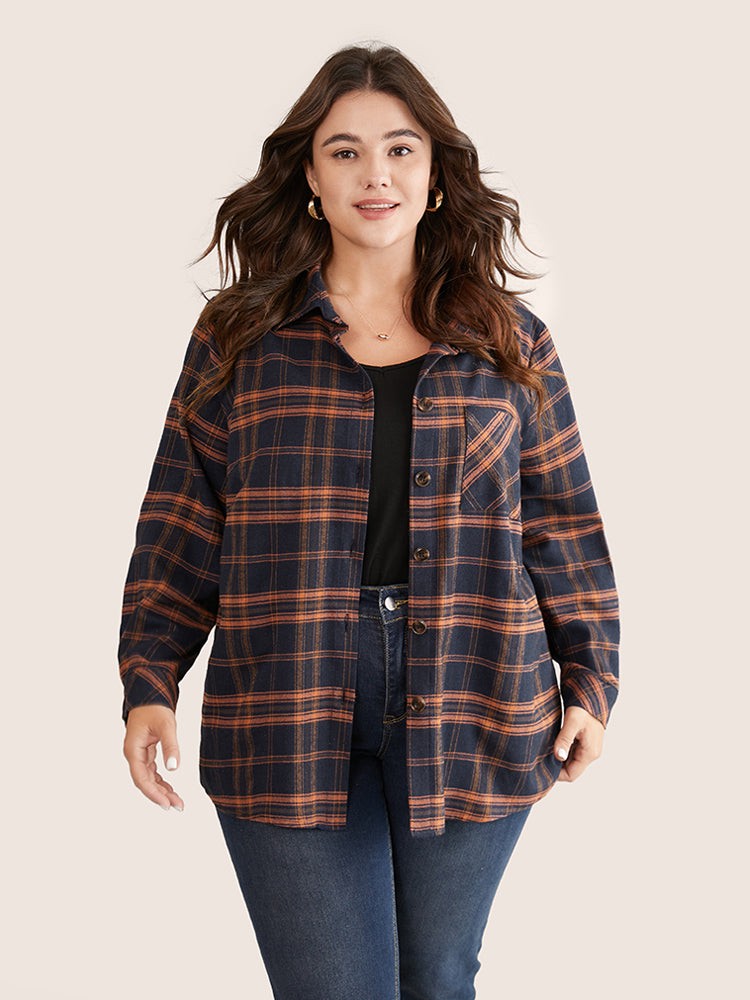 Plus Size Women Work Plaid Contrast Regular Sleeve Long Sleeve Shirt collar Office Blouses BloomChic