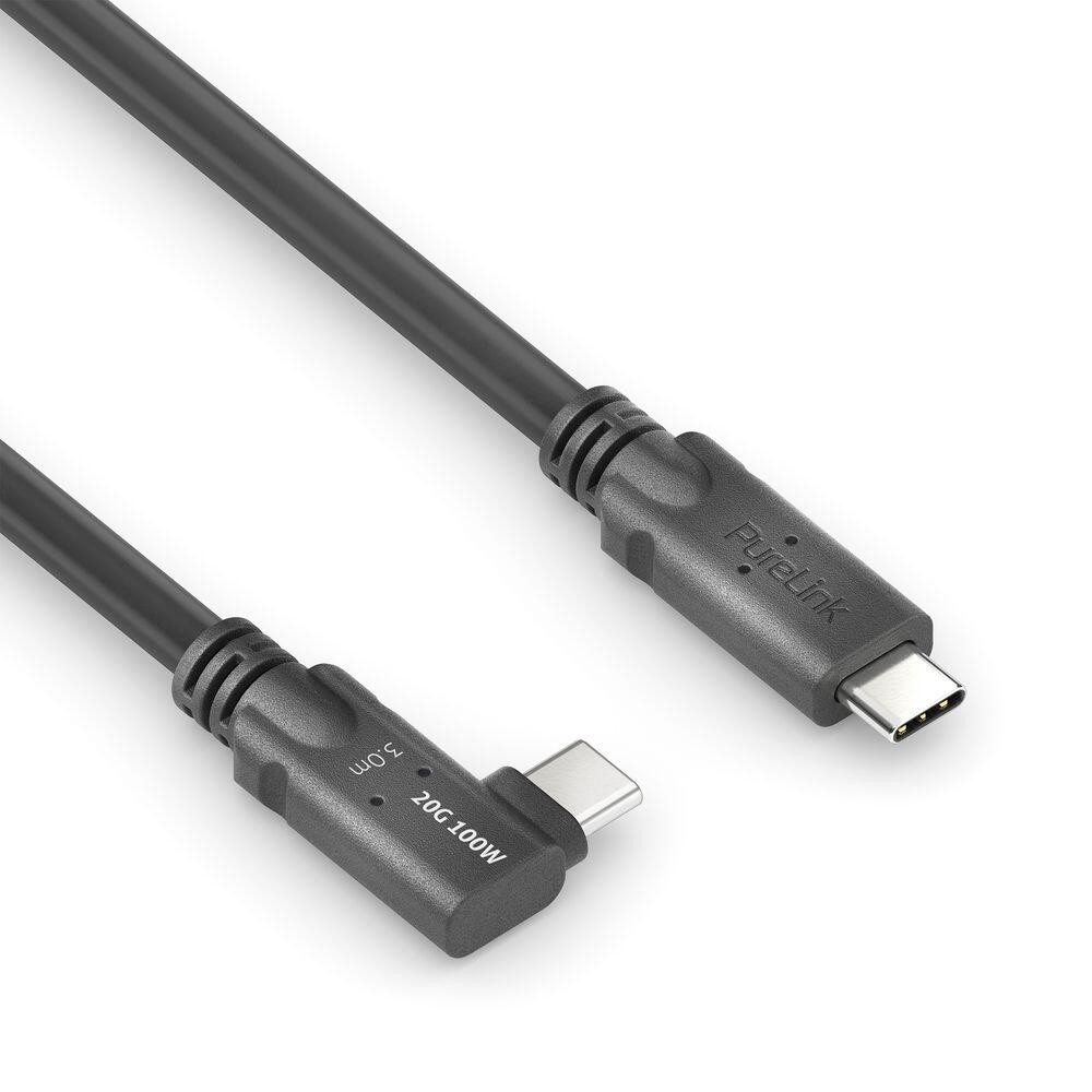 PureLink USB-C auf USB-C 90° Links/Rechts-Kabel - USB4 Gen 2x2, 5A, SPR 100W, 20G, DP Alt-Mode - PureInstall MicroX4 - schwarz - 3,00m
