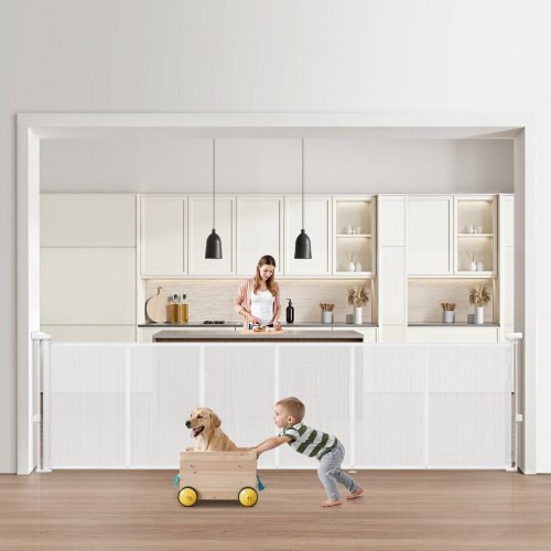VEVOR einziehbares Babygitter Hundegitter ausziehbar auf 280 cm Breite / 87 cm Höhe, Haustiergitter Schutzgitter aus Netzmaterial für Innentreppen Türen Flure Spielzimmer, Treppenschutzgitter weiß