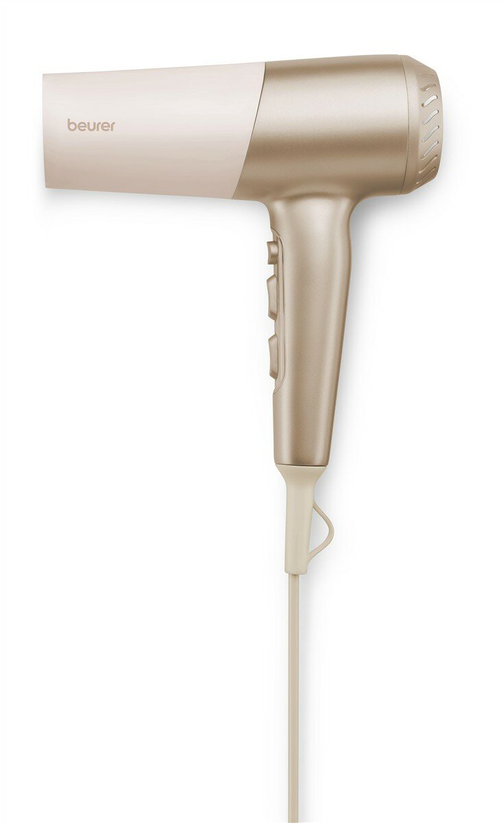 BEURER HC 70 Iconic Pro Haartrockner (3 Temperatur- und 2 Gebläsestufen, Kaltluftstufe, Ionenfunktion, Profidüse, Volumendiffusor, Aufhängeöse, Aufbewahrungsbeutel, 2.100 Watt, Beige/Gold)