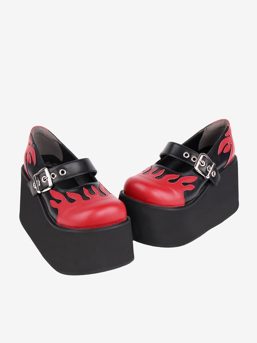 Gothic Lolita Schuhe Schwarze Schnürpumps aus PU-Leder mit Keilabsatz Lolita Pumps