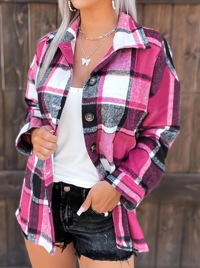 Blousons Femmes Décontracté Printemps / Automne Plaid en Mélangé de Coton Régulier Chemise Blouson Droit Régulier Col de Chemise