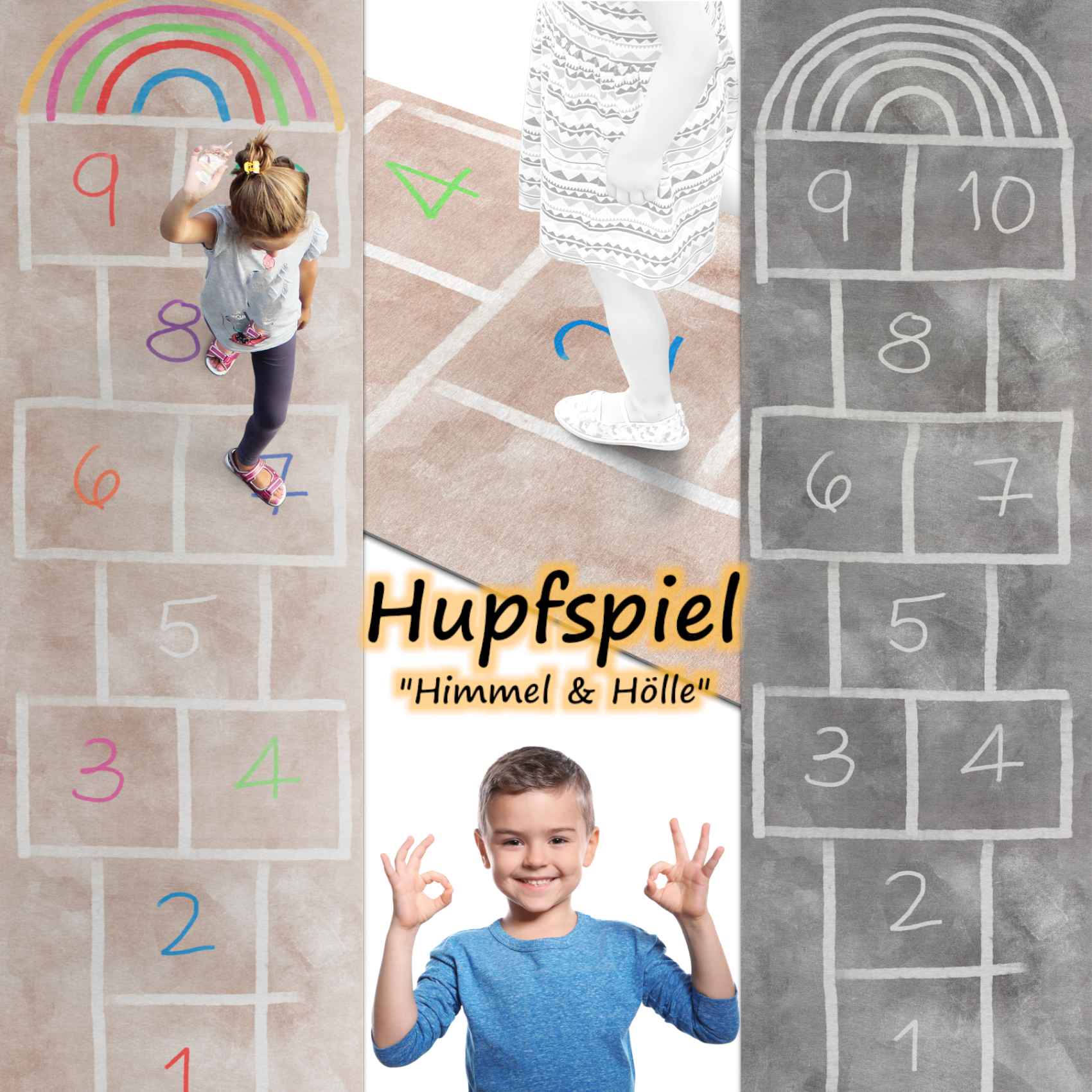 Spielmatte Hüpfspiel Hüpfkästchen Spielteppich Himmel und Hölle Küchenläufer Bunt