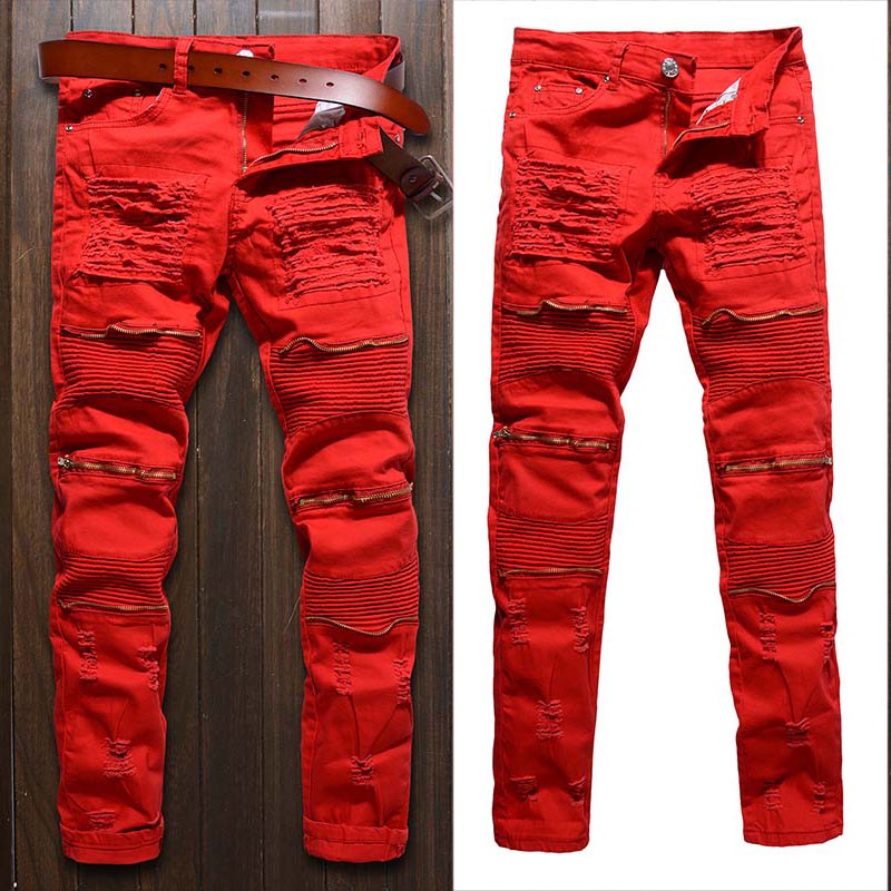 Men Skinny Distressed jeans Slim denim Casual Knee Hole hiphop pants Biker Washed Middle Waist high quality