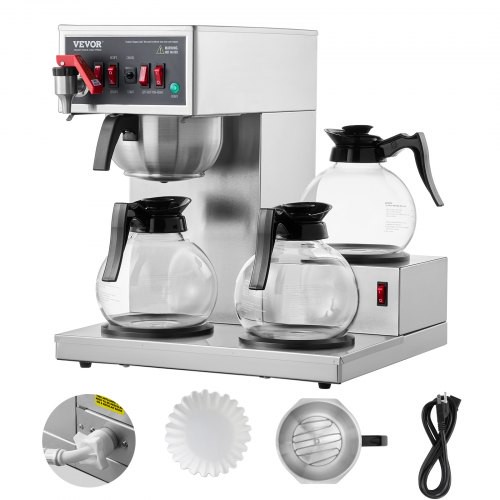 VEVOR kommerzielle Filterkaffeemaschine für 12 Tassen Kaffeemaschine mit 3 Glaskaraffen & 3 Warmhalteplatten, Übergieß-Kaffeemaschine aus Edelstahl für Restaurant Büro Café