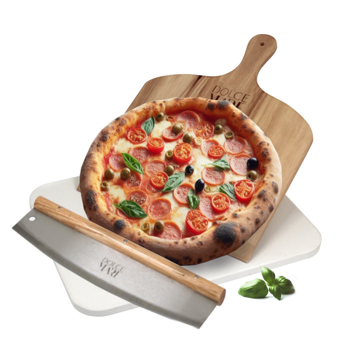 	Pizzastein Set weiss Backofen Grill Holz Pizzaschieber Edelstahl Pizzaschneider