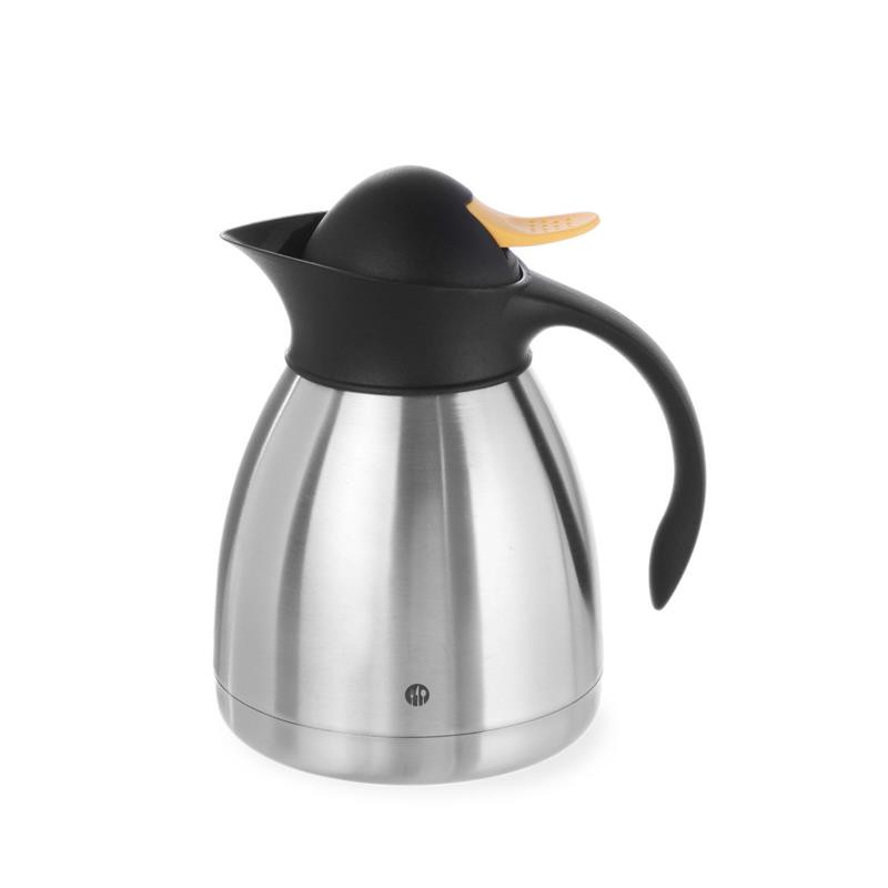 HENDI Isolierkanne Edelstahl 1,5 Liter ø 14,5 x 23 cm doppelwandig Druckknopfkappe Kunststoff Deckel + Griff, Gastro Thermoskanne silber