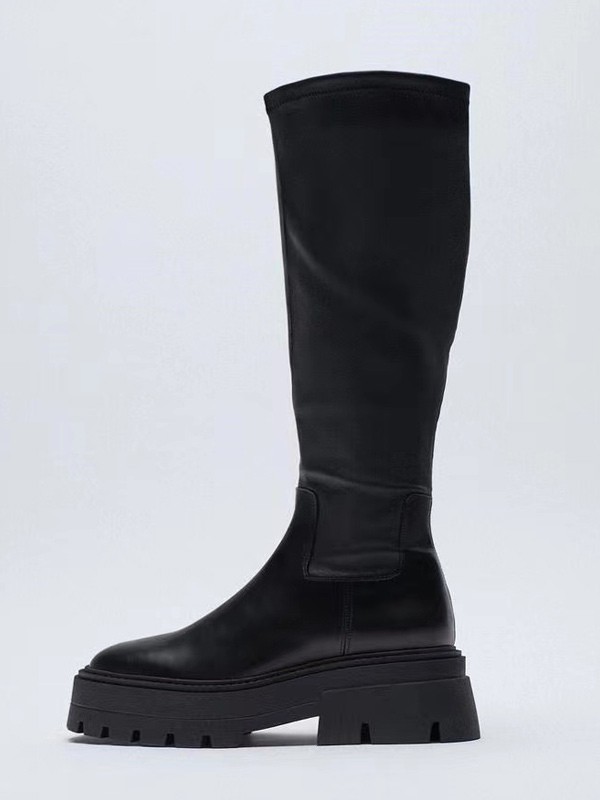 Schwarze Stiefel mit mittlerer Wade für Damen Plateaustiefel mit Reißverschluss und elastischem Bund