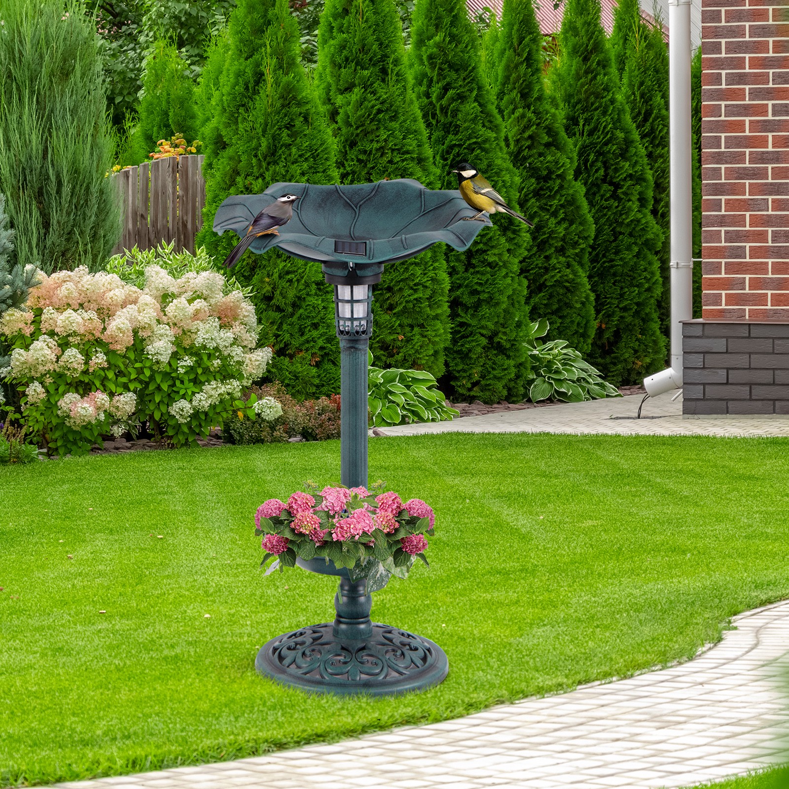 Retro Vogeltränke mit Solarleuchte Blumentopf Vogelfutterhaus & Ständer Vogelfutterstation Grün