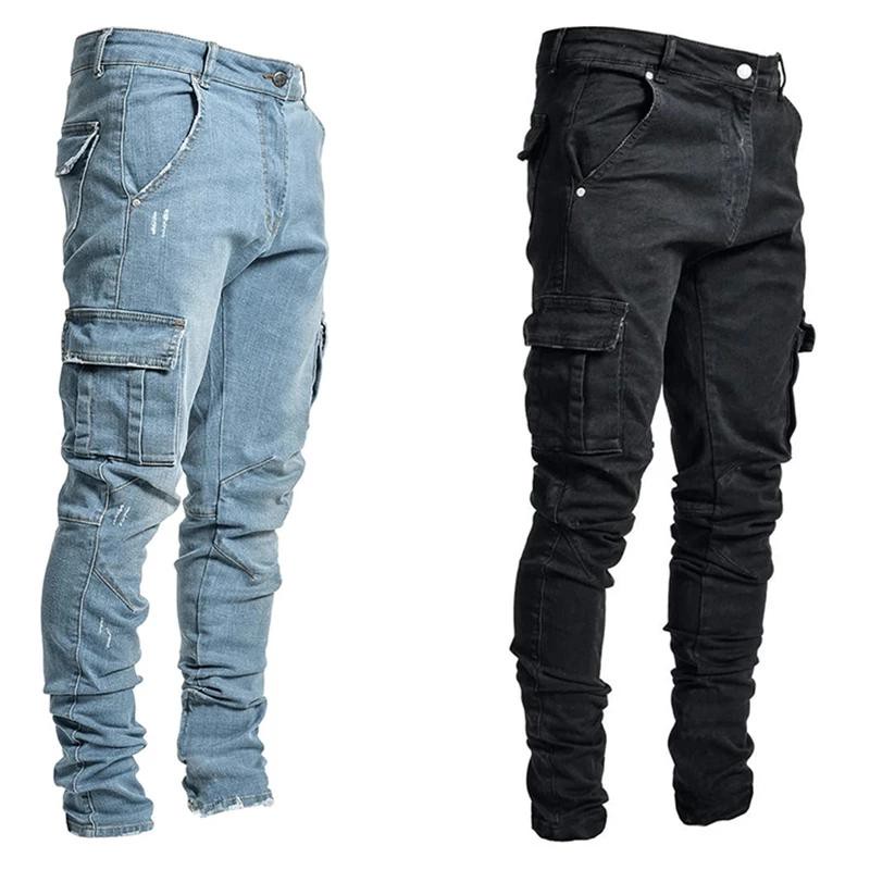 Men's Multi Pocket Cargo chino pants men casual denim trousers Jeans Casual Cotton Denim Trousers Fashion Pencil Pants Side Pockets