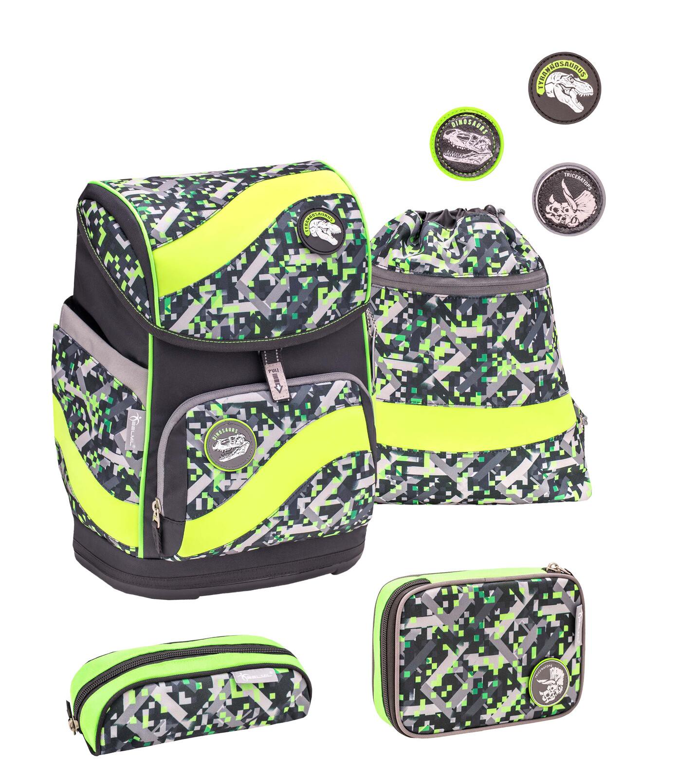 BELMIL® Schulranzen-Set Smarty Dinosaurs Neon 29,0 x 21,0 x 40,0 cm grün 20 l