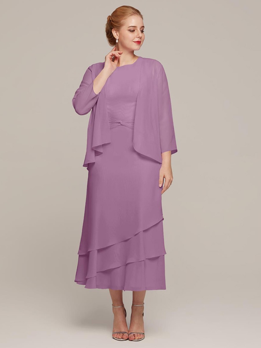 Partykleid für die Mutter der Braut Rundhalsausschnitt ärmellos zweiteilig Rüschen Kleider für Hochzeitsgäste