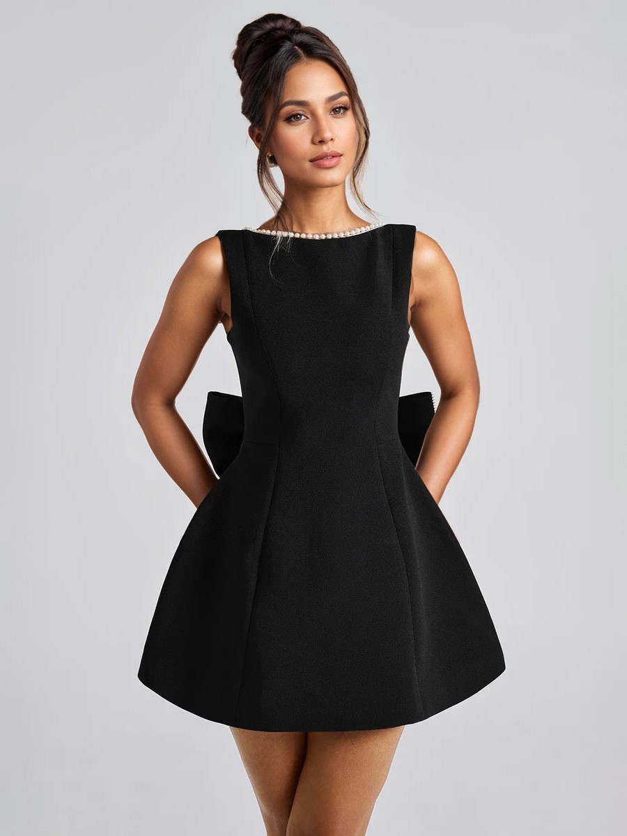 Perlen-Cocktailkleid mit Schleife ärmellos A-Linie rückenfrei Minikleid für Geburtstagspartys für Frauen 2025