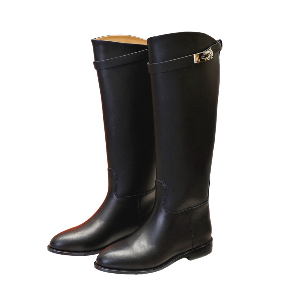 Designer boots women boot Curved-edge low heel tall boot smooth Vegetable tanned calfskin Buckle decoration Round Toes knee-high riding Genuine b