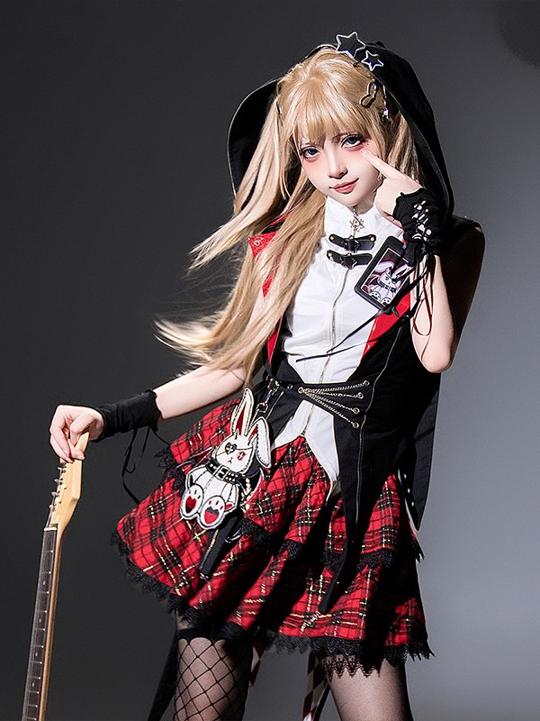 Gothic Lolita Anzug Kapuzenjacke und Bluse und Rock Dreiteiliges Set Midnight Bunny Rock Gothic Lolita Anzug