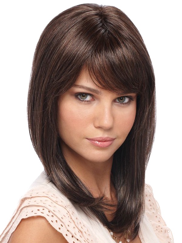 Mittellanghaar Schönheit Make-up Künstliche Damen Perücke 2025 aus Synthetik-Haar hellbraun glattes Haar