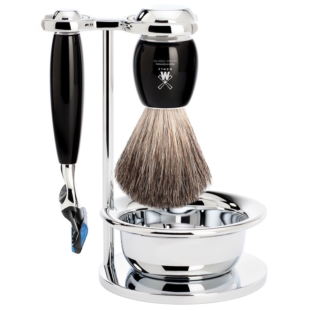 VIVO 4-teiliges Rasierset, Reines Dachshaar, mit Gillette® Fusion™, Griffmaterial Edelharz schwarz