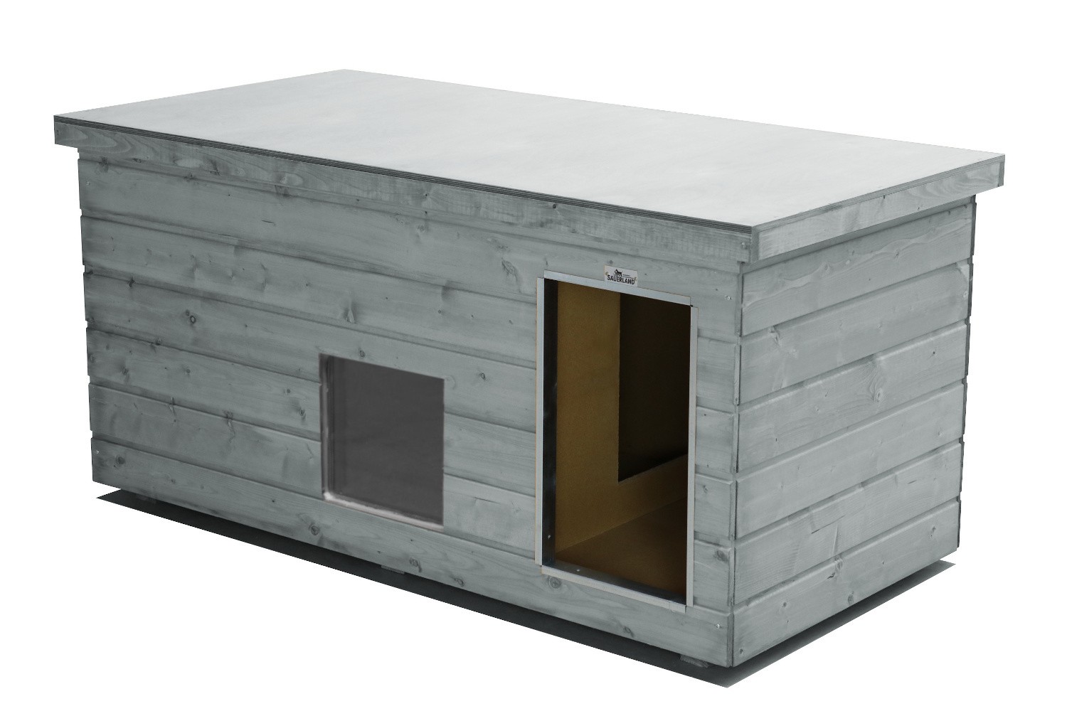 Original SAUERLAND Holz-Hundehütte mit Vorraum und Fenster, platingrau | Flachda...