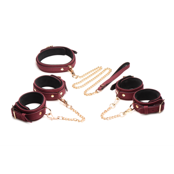 6-teilige Samt-Bordeaux Bondage Set mit Fesseln, Halsband und Gürtel