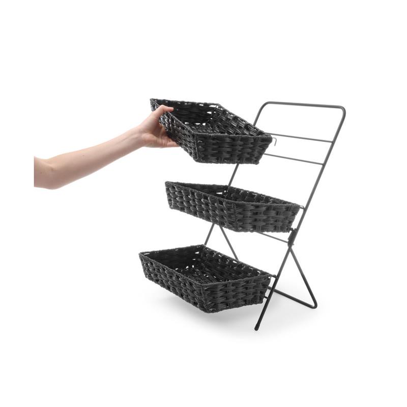 HENDI Korbständer 3 Etagen 35 x 21,5 x 60 cm schwarzer Stahlrahmen mit 3 Körben á  33,5 x 21,5 x 8 cm, Gastro Buffet Korb Display