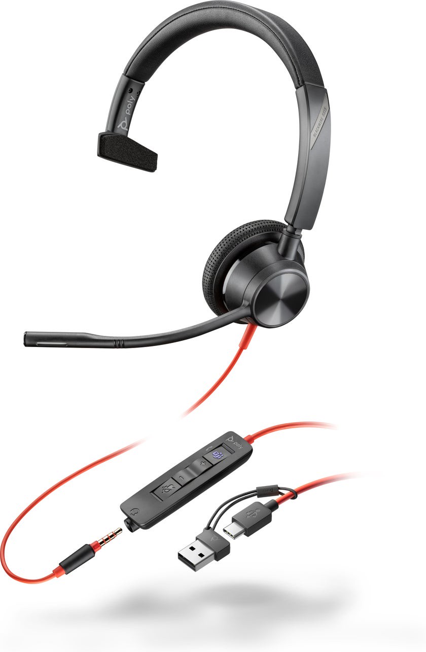Poly Blackwire 3315 Monaurales USB-C-Headset + 3,5-mm-Stecker + USB-C/A-Adapter, für Microsoft Teams zertifiziert