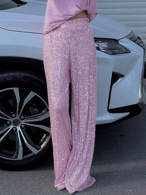 Glitzerhose  hohe Taille  weites Bein  Pailletten  schicke Hose für Damen