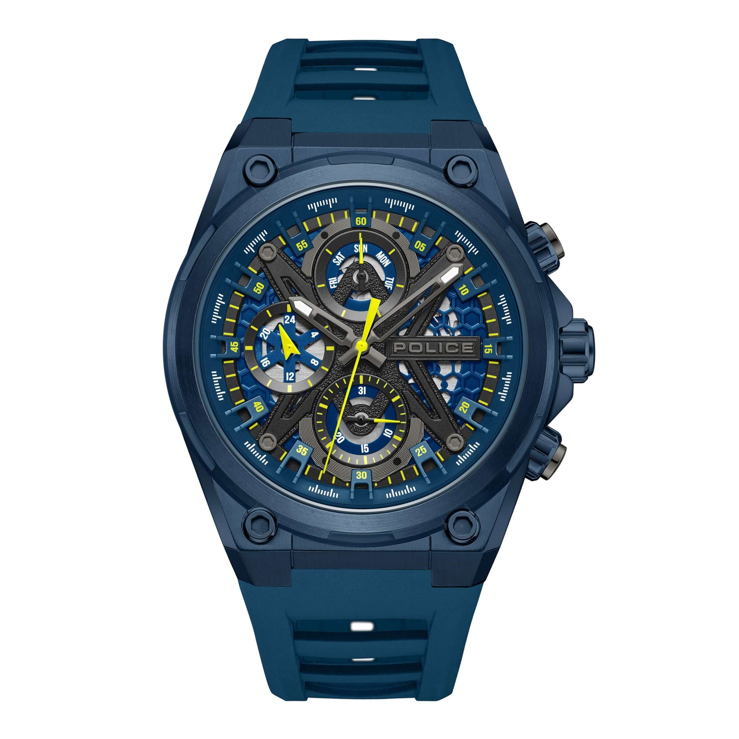 Police Herren Armbanduhr Chronograph Blau/Gelb 44mm - Uhren Armbanduhr Herrenuhr Chronograph Sportuhr - Police Uhr